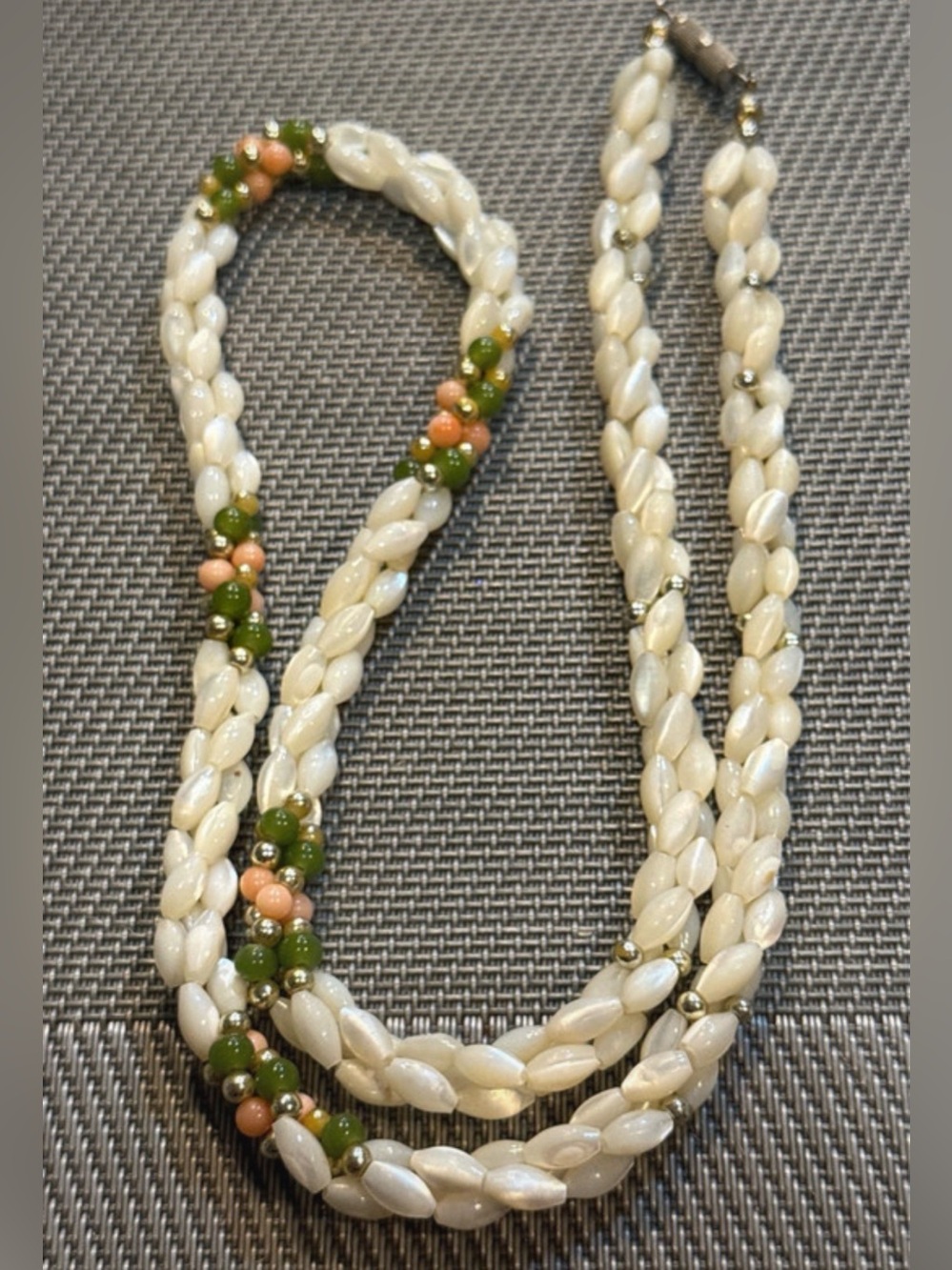 Vintage multi-strand braided mother-of-pearl necklace, 23 inches